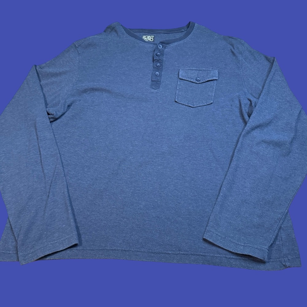 Point Zero Henley T Shirt Mens XXL Blue Long Sleeve Pocket Y2K Casual Striped